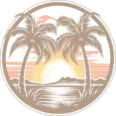 A beach-style vector illustration featuring two palm trees by the ocean during sunset