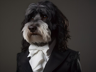 Studio portrait of a bearded collie dog wearing a suit and tie.
