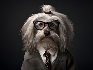 Naklejka premium Studio portrait of a bearded collie dog wearing a suit and tie.