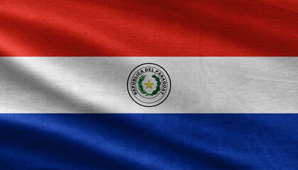 Official flag of the Republic of Paraguay. Paraguay flag blowing in the wind. Paraguay flag pattern on the fabric texture ,vintage style