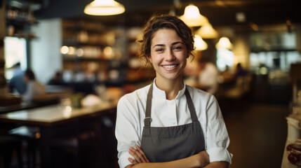 Head Chef, female and portrait of business woman standing arms crossed in a restaurant kitchen. Confident, skilled and professional worker looking at camera for owner, career or hospitality occupatio - obrazy, fototapety, plakaty