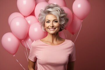 Portrait of attractive attractive mature senior woman in pink dress against background of pink helium party balloons. Valentine’s or Birthday party - obrazy, fototapety, plakaty