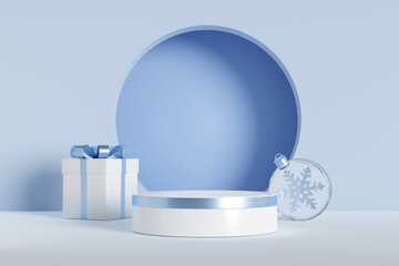 3D rendering white and blue product display stand, gift box and bauble on pastel light blue background. - obrazy, fototapety, plakaty