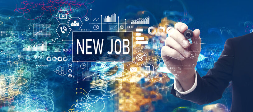 New job theme with businessman in a bokeh neon light trails city night background - Powered by Adobe