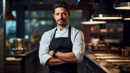 Fototapeta premium Head Chef, male and portrait of business man standing arms crossed in a restaurant kitchen. Confident, skilled and professional worker looking at camera for owner, career or hospitality occupation