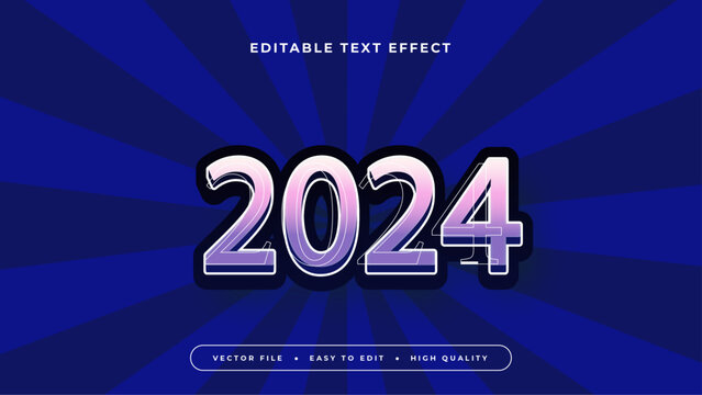 Editable text effect. Purple 2024 text on dark blue color with comic effect background.