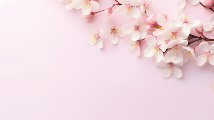Fototapeta na wymiar Banner with cherry blossoms on a light pink background. Springtime composition with copy space_Generative AI
