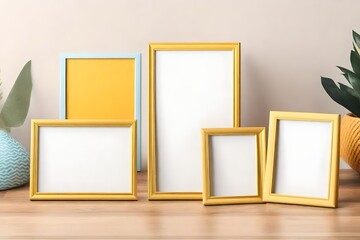 five empty photo frames for a mockup in a kid's room, in 3D