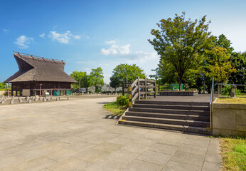 Empty floor at the nice nature park background with blue sky.