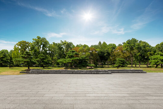 .Empty tiles floor at the nice and peaceful comfortable great nature park panorama..