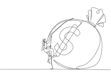 Single continuous line drawing Arabian businessman climbing money bag with rope. Work harder to get very large retirement fund. Bring out abilities to the maximum. One line design vector illustration