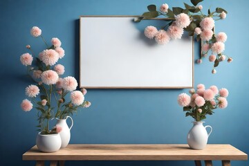 With a bunch of flowers atop a wooden shelf and a blank canvas above a blue wall, this interior decorating background 3D rendering