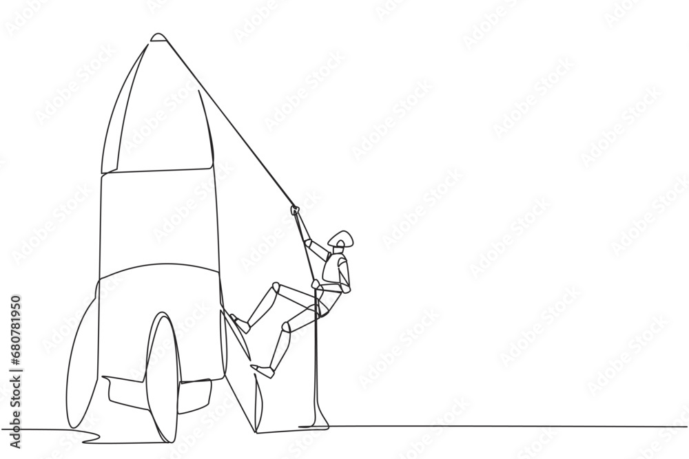 Poster continuous one line drawing smart robot climbs rocket with rope. set the intention to open a new bra