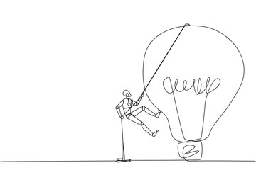 Single one line drawing smart robot climbing lightbulb with the rope. Trying to reach high places to get useful fresh ideas. For the company's benefit. Continuous line design graphic illustration