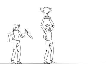 Single continuous line drawing businesswoman standing lifting trophy. Business friends prepare to stab in the back. Unhealthy business competition. The traitor. One line design vector illustration