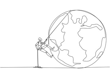 Single continuous line drawing smart robot climbing globe with the rope. Trying dominate the world with massive business expansion. Success reach top of the world. One line design vector illustration