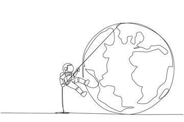 Continuous one line drawing astronaut climbing globe with rope. Trying dominate the world with massive business expansion. Success reach top of the world. Single line draw design vector illustration