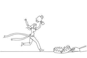 Continuous one line drawing businesswoman running with trophy. Dangerous business trap. Trap that really brings down business. Fake friend. Traitor. Rival. Single line draw design vector illustration