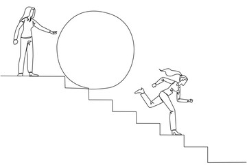 Single continuous line drawing businesswoman running down stairs avoiding big ball. Attacked by business friends. Traitor in business. Cheating in business. Betray. One line design vector illustration