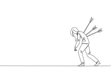 Single one line drawing businesswoman standing and several arrows stuck in the back. Attacked from behind. Destroyed and helpless. Fake partner. Traitor. Continuous line design graphic illustration