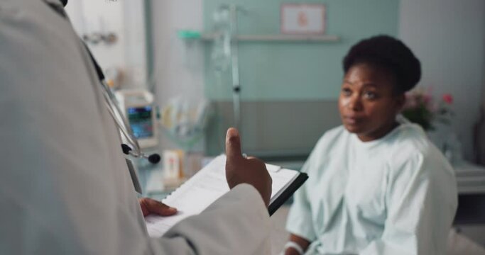 Hands, medical records or diagnosis with a doctor and patient in the hospital for healthcare consulting. Medicine, documents or discussion with a gp talking to a black woman in a health clinic