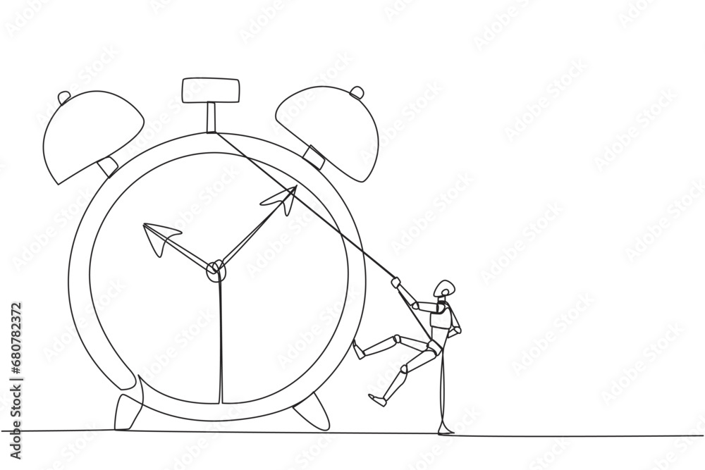 Poster continuous one line drawing smart robot climbing alarm clock with rope. work carefully to complete e