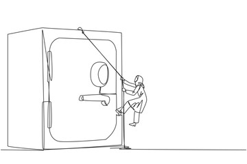 Single continuous line drawing Arabian businesswoman climbs safe deposit box with the rope. Helps secure important company data. Stored in a safe and trusted place. One line design vector illustration