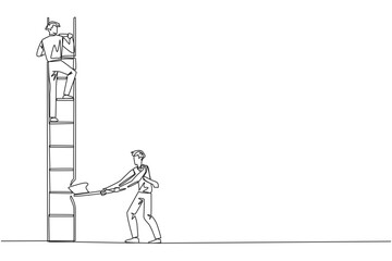Single one line drawing businessman climbs the ladder to achieve the expected reward. Destroyed silently. Business failed to develop. Destroyed by traitors. Continuous line design graphic illustration