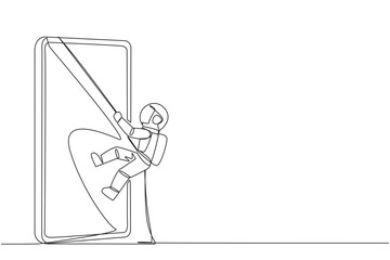 Single one line drawing astronaut climbing smartphone with rope. Improve business relationships. Massively contact old friends. Connected to each other. Continuous line design graphic illustration
