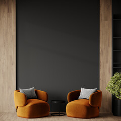 Dark deep room with vivid accents. Bright terracotta orange mustard armchairs. Trendy modern interior design mockup. Black wall background empty for art or wallpaper.Wood decorative parquet. 3d render © Viktoriia Lytvyn