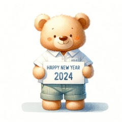 Cute teddy bear holding a placard with text happy new year 2024 on white background