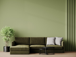 Living room in green and olive colors furniture. Mockup empty large room interior. Design in minimal modern trend style. Premium rich lounge, hall, office, reception. Blank painted wall. 3d render 