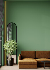 Living room modern lounge with green paint wall empty paint background for art. Interior design mockup. Bright orange terracotta brown color accent sofa couch. Black elements decor mirror. 3d render © Viktoriia Lytvyn