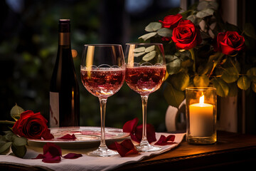 Two romantic glasses of wine with red roses in the background. High quality photo. Wallpaper.