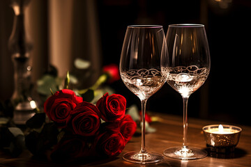 Two romantic glasses of wine with red roses in the background. High quality photo. Wallpaper.