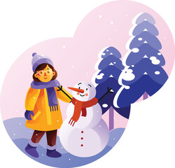 Little girl is standing near a snowman