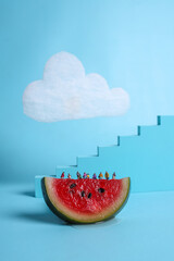Watermelon with people above it over blue background. A symbol of Palestinian. - obrazy, fototapety, plakaty