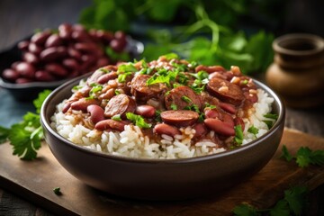 Slow-Cooker Red Beans and Rice. Mardi gras food. - obrazy, fototapety, plakaty