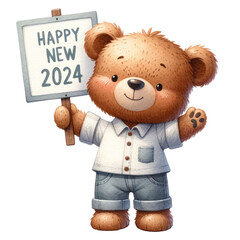 Cute teddy bear holding a placard with text happy new year 2024 isolated on white background