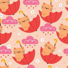 seamless pattern cartoon cat playing with umbrella. cute animal wallpaper with sky element, umbrella