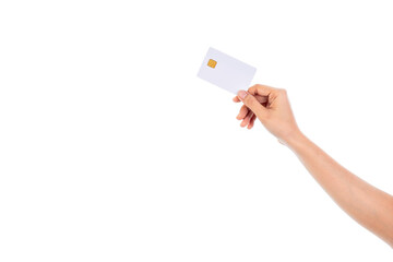 Female Hand holding credit card isolated on white background with clipping path. - obrazy, fototapety, plakaty