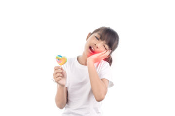Asian little girl has toothache and hand holding Lollipop isolated on white background with clipping path.