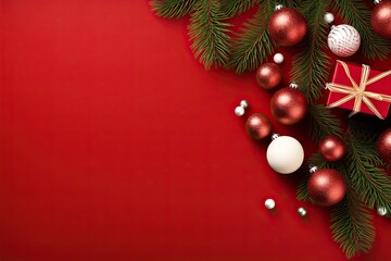flat view christmas fir branches and decorative little giftbox red and white balls on Red background