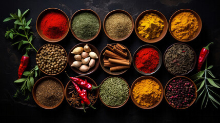 Obraz na płótnie Canvas Herbs, spices and Indian seasoning for cooking and traditional cuisine or food. Colourful, fresh and dry spice set for chefs, culture and organic recipe ingredients on a black studio background