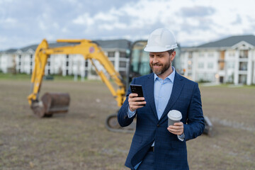 businessman construction investor at coffee break, banner. businessman construction investor