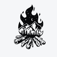 outdoor travel, adventures with mountains and campfire