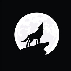 Naklejka premium Full Moon with Howling Wolf Silhouette
