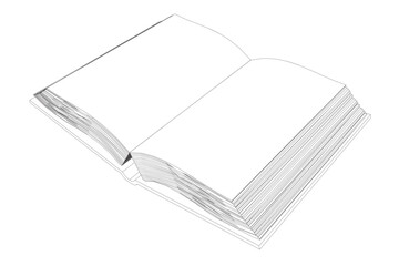 Outline of an open book made of black lines isolated on a white background. Isometric view. Vector illustration.