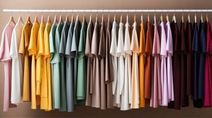 Colorful t - shirts hanging on hangers on a wall. Generative AI.