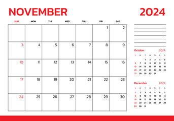 November 2024 Calendar. Week start on Sunday. Desk calendar 2024 design, simple and clean design, Wall calendar for print, digital calendar, Corporate design planner template vector.